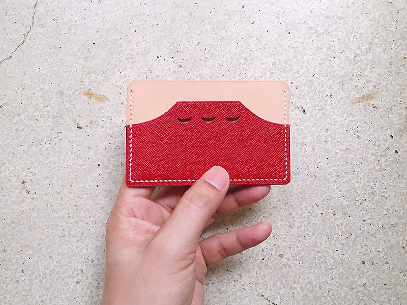 手工縫製日落染紅色牛皮皮革富士山名片卡夾 - 卡片套/卡片盒 - 真皮 紅色