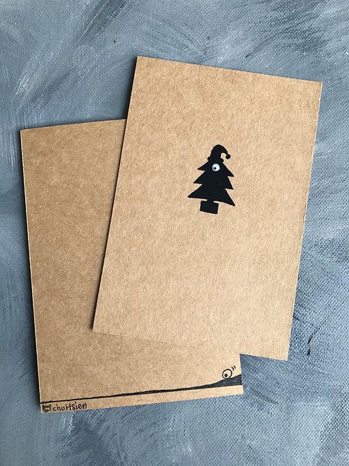 竹仙 X 竹土石山 眼睛 卡其色 手繪 手工卡片—獨眼聖誕樹帽、獨眼聖誕樹襪/組