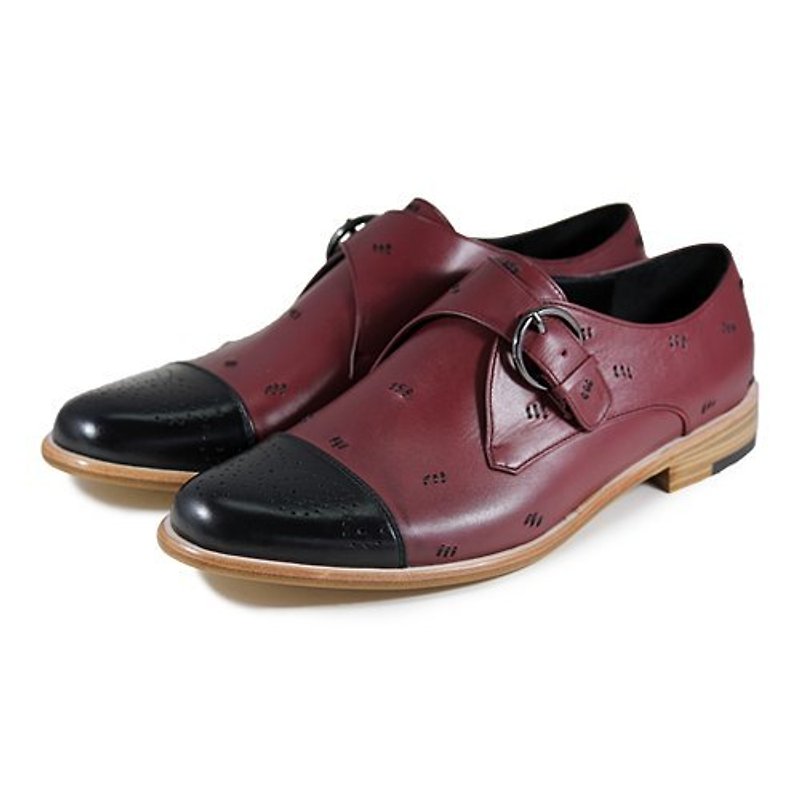 Monk Strap JAZZ M1120 Stitching Black Burgundy - Men's Leather Shoes - Genuine Leather Red