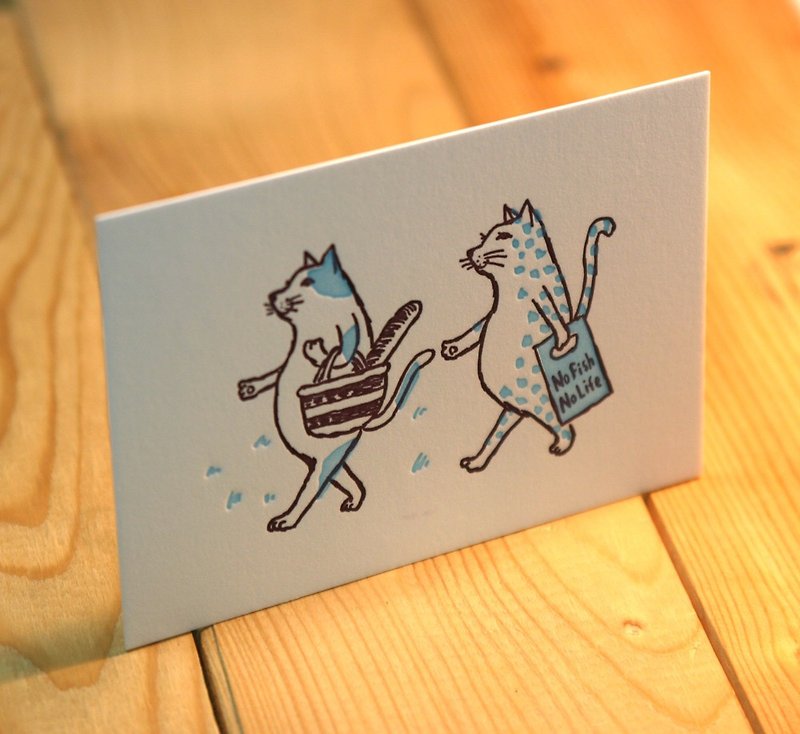 Letterpress greeting card cat shopping (Blue) 2 pieces set - การ์ด/โปสการ์ด - กระดาษ 