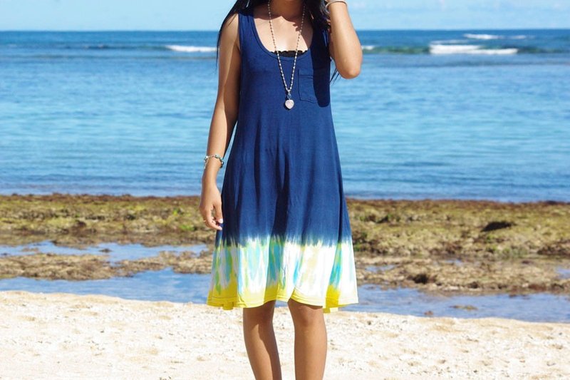 Tie Dye flare tank top dress <navy green yellow> - ชุดเดรส - วัสดุอื่นๆ สีน้ำเงิน