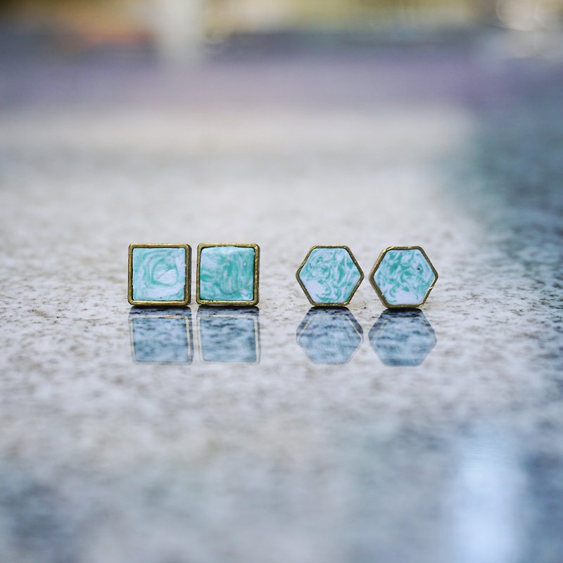 Geometric brass earrings polymer clay marble green lake - Earrings & Clip-ons - Clay Green