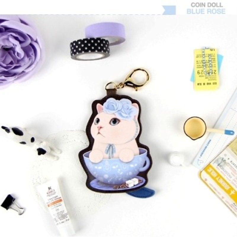 Jetoy, Choo choo sweet cat doll key purse _Blue rose - กระเป๋าใส่เหรียญ - หนังแท้ 