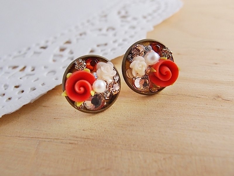 Hear the language of flowers [CR0124] Red Rose Rhinestone x x x Pearl ear pin earrings clip earrings] New Year red - Earrings & Clip-ons - Other Materials Multicolor