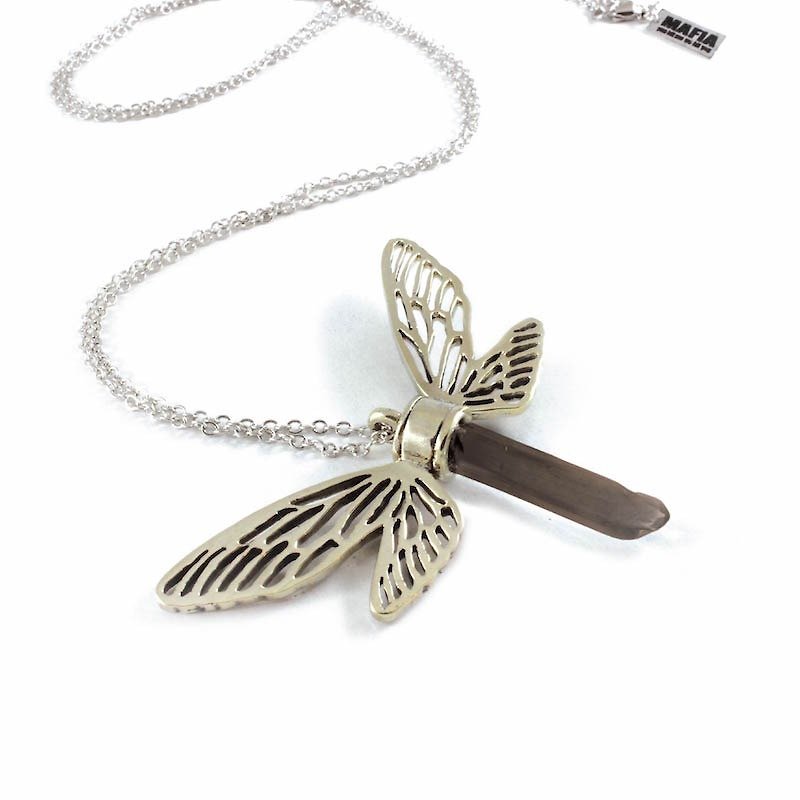 White bronze Dragonfly wing pendant with smoky raw quartz stone - Necklaces - Other Metals 