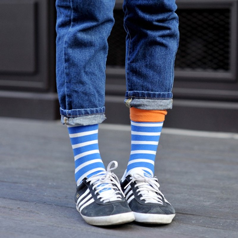 GREEN BLISS Organic Cotton Socks - [Stripe Series] Baobab Orange Blue Striped Stockings (Male / Female) - ถุงเท้า - ผ้าฝ้าย/ผ้าลินิน สีส้ม