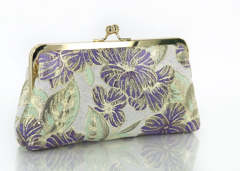 Purple green flower gold brocade dinner / bride / travel bag holding mouth gold - Clutch Bags - Other Materials Purple