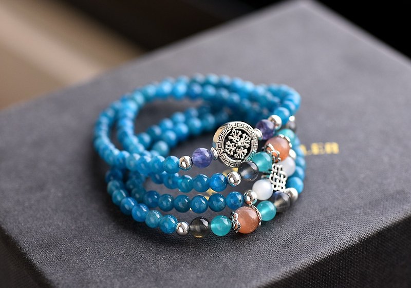 Sun Stone + Tianhe Stone + Moonstone + Apatite 108 Rosary Beads / Beads / Multi-ring Bracelet - สร้อยข้อมือ - เครื่องเพชรพลอย สีน้ำเงิน