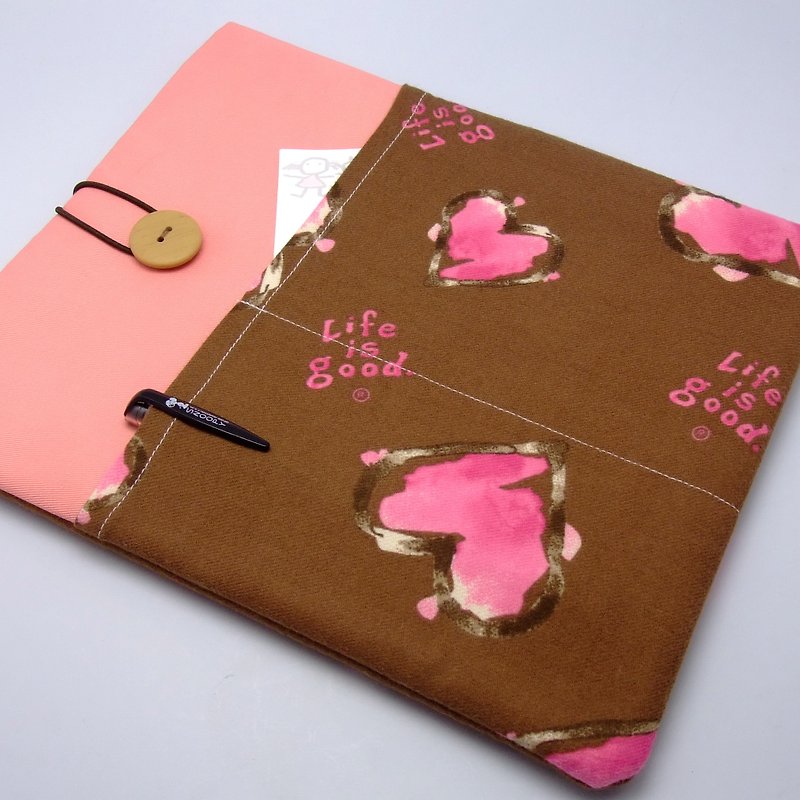 ピンクのハート（87） -  2ポケット自家製のタブレットコンピュータバッグ、布カバー、（調整できる）布ペンでiPadのエアスリーブ、iPadのケースiPadのカバー、サムスンのギャラクシータブ3 10.1 - タブレット・PCケース - コットン・麻 ブラウン