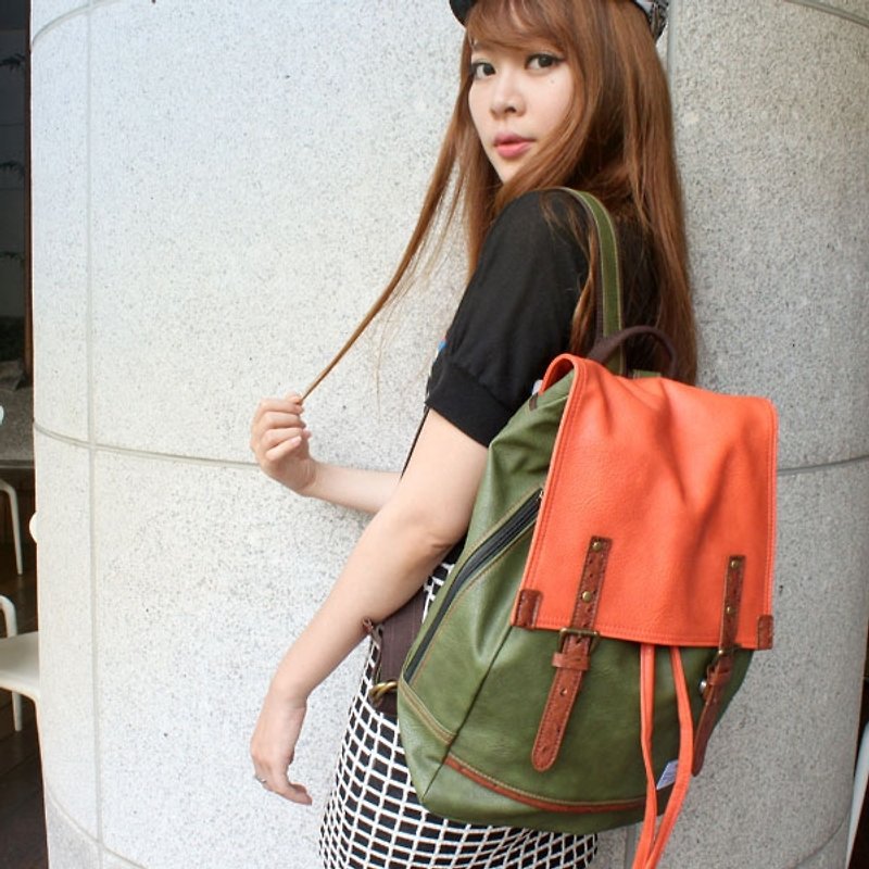 AMINAH-Green color matching backpack【am-0212】 - Backpacks - Faux Leather Green