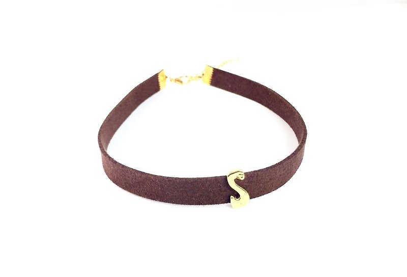 "Golden Customized Letter Pendant-Brown Wide Suede Necklace" - Necklaces - Genuine Leather Brown
