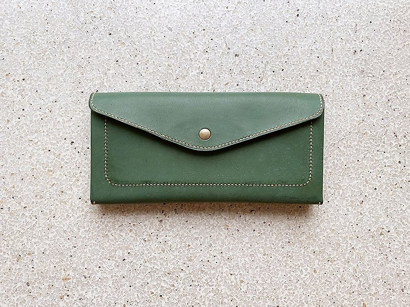 青苔綠X藍色手工縫製牛皮信封式長夾拉鏈零錢錢包 - 銀包 - 真皮 綠色