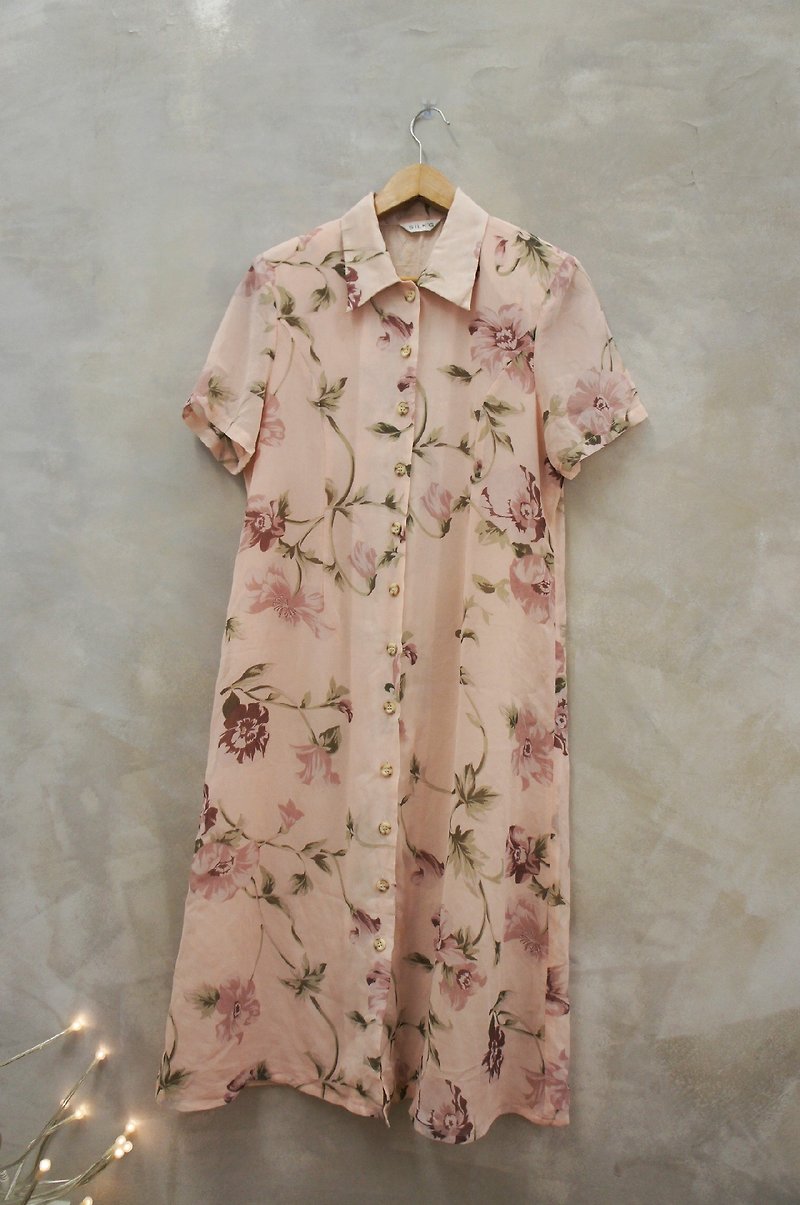 PdB ancient vine pink flower print silk long dress full button - ชุดเดรส - วัสดุอื่นๆ สึชมพู