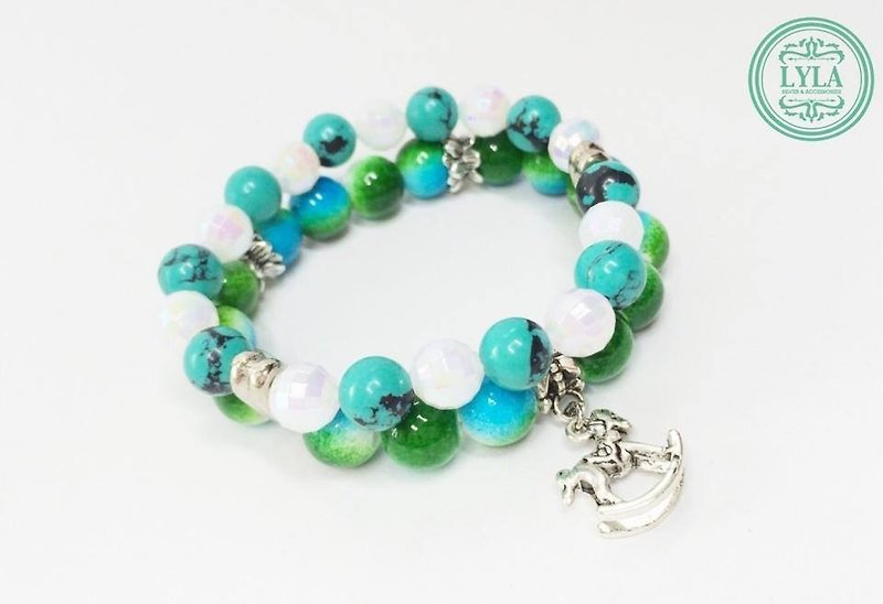 「渲染藍綠珠珠&木馬小吊飾」 - 手鍊/手鐲 - 其他材質 綠色