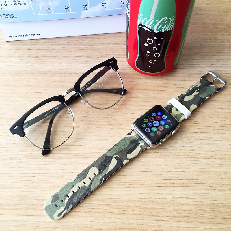 Apple Watch Series 1 , Series 2, Series 3 - Green Camouflage Pattern Watch Strap Band for Apple Watch / Apple Watch Sport - 38 mm / 42 mm avilable - สายนาฬิกา - หนังแท้ 