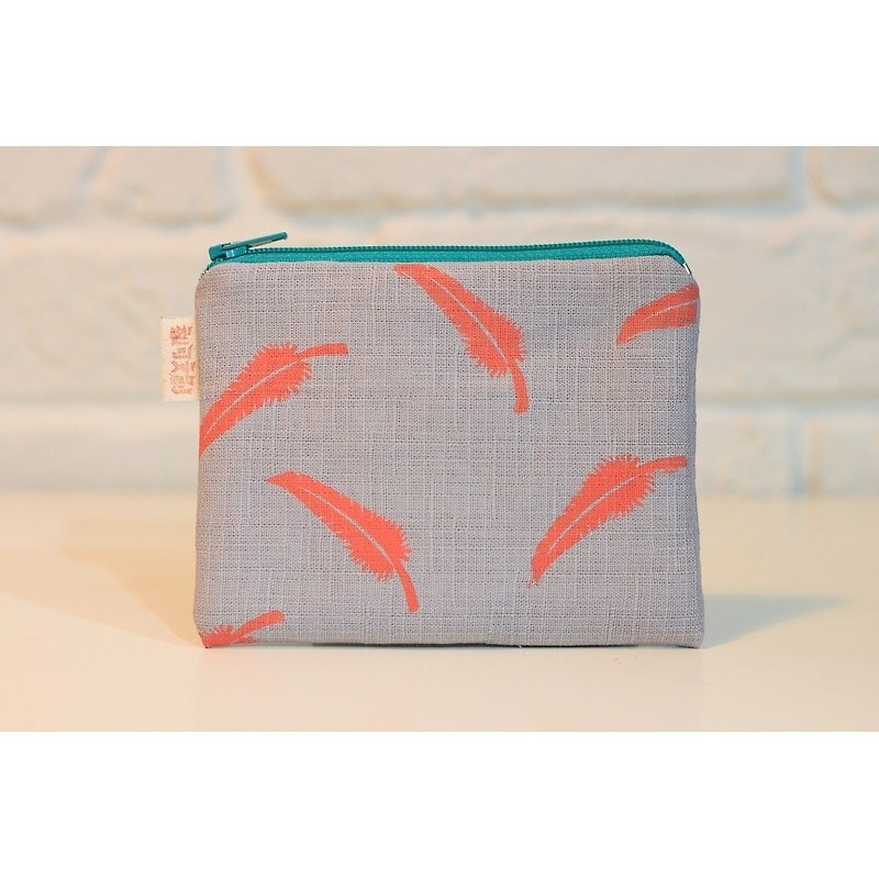 Feather Feather Wind Series_Fleece Feather Coin Purse Grey Bottom Orange Flower - Coin Purses - Other Materials Gray