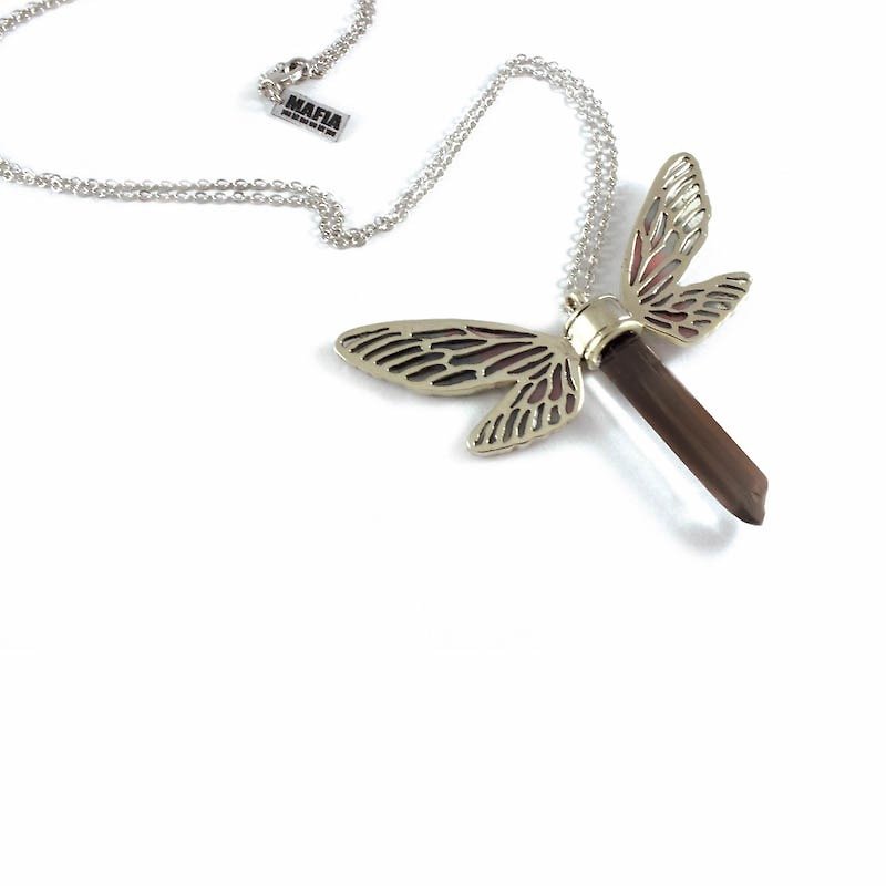 White bronze Dragonfly wing pendant with smoky raw quartz stone and enamel color - สร้อยคอ - โลหะ 