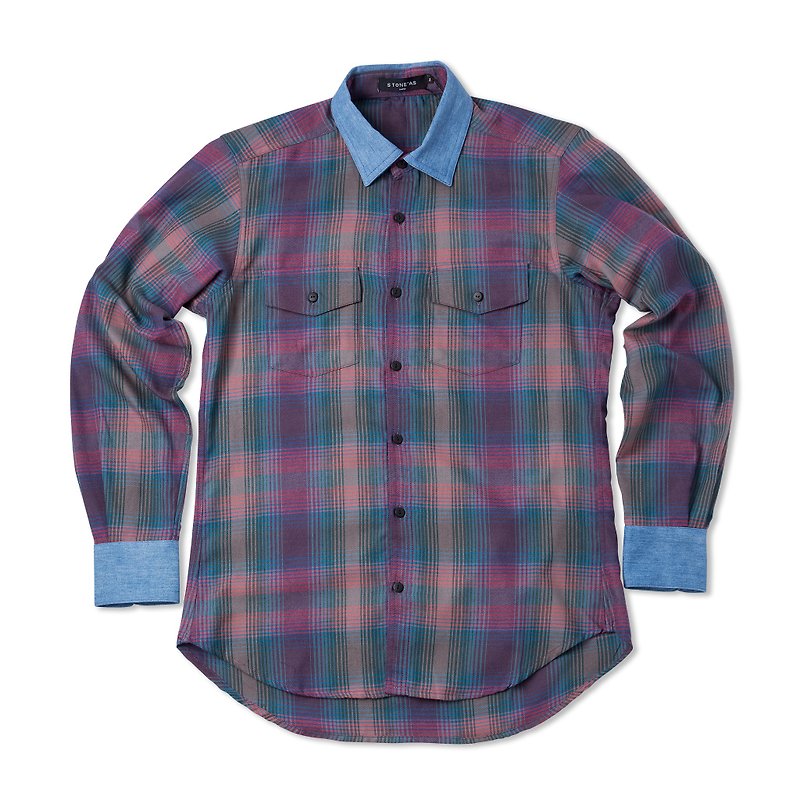Stone'As Check Shirt / denim tannin cut plaid shirt - Men's Shirts - Cotton & Hemp Pink