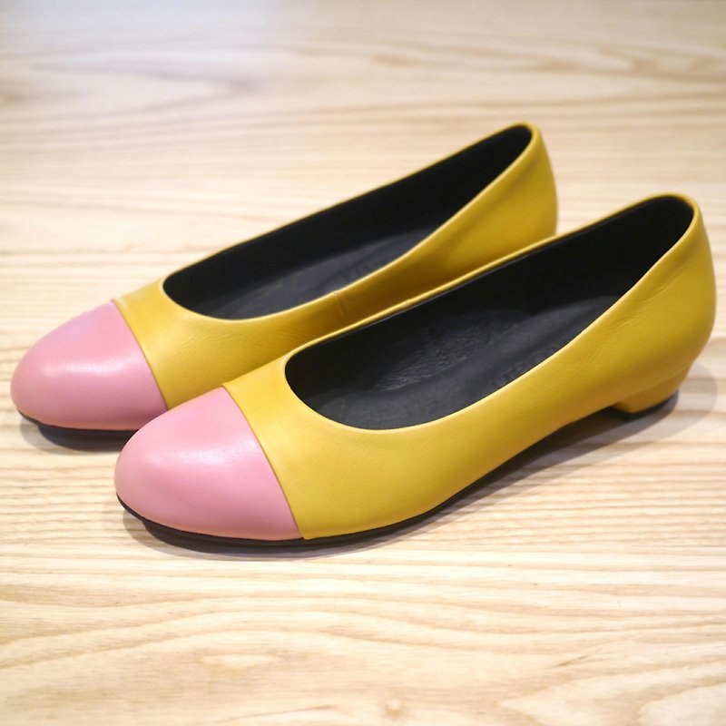 【從容的腳步】雙色低跟鞋_桃樂絲粉/黃 - 女款牛津鞋 - 真皮 黃色