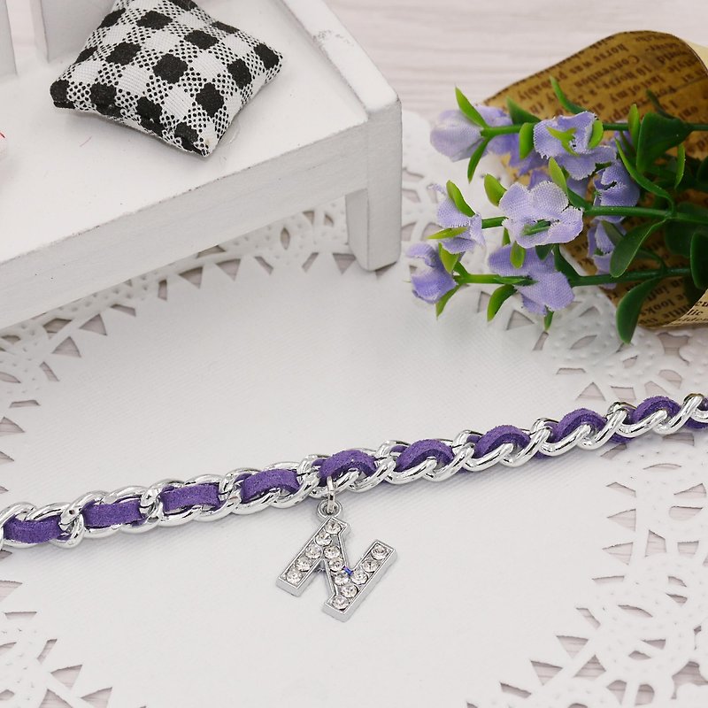 * Poof Princess sugar - Full Diamond Alphabet suede bracelet (purple) optional word - สร้อยข้อมือ - โลหะ 