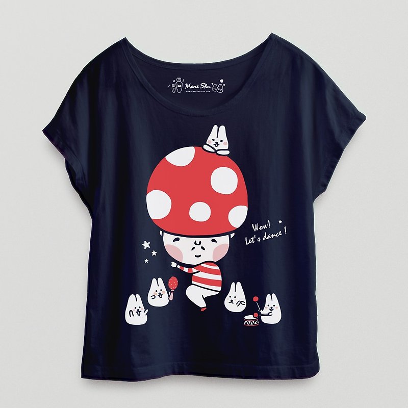 Mushroom Male Mochi Rabbit Swing and Twist T-shirt - กางเกงขาสั้น - ผ้าฝ้าย/ผ้าลินิน สีน้ำเงิน