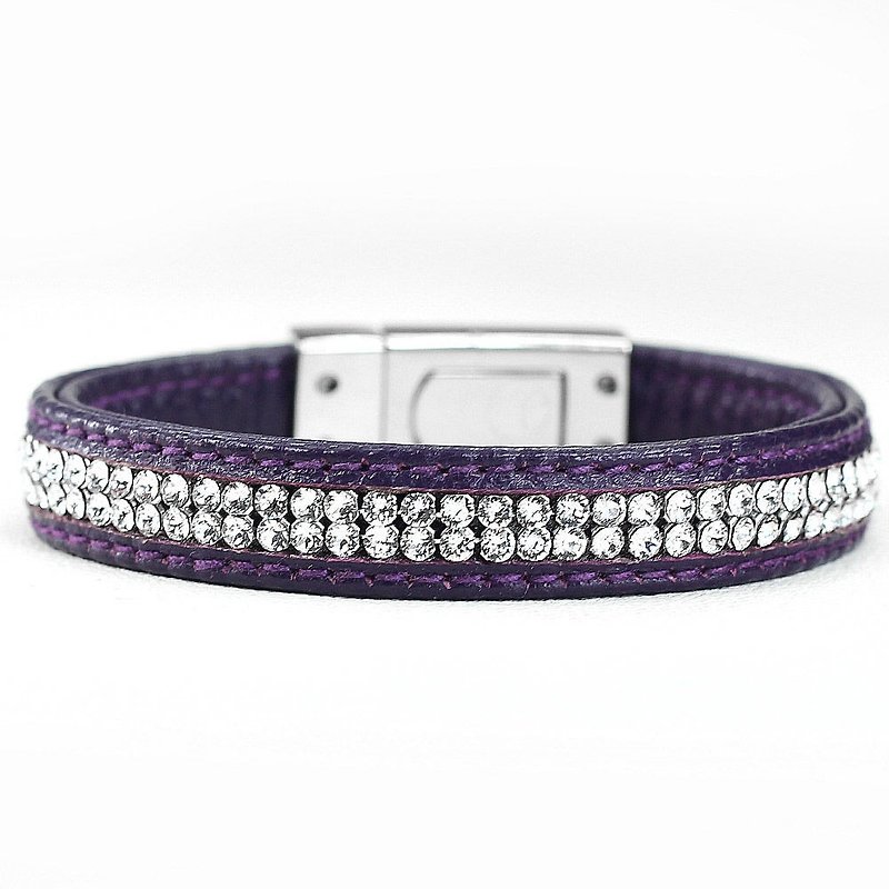 [Leather rope] M size Swarovski double-row diamond leather leather collar ((send lettering)) - Collars & Leashes - Genuine Leather Purple