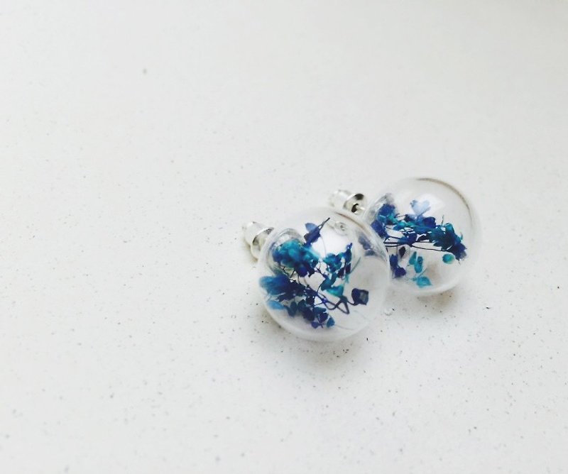 △ flower glass ball earrings - blue Mediterranean - permanent flowers, baby's breath (otherwise provide 925 sterling silver service) - Earrings & Clip-ons - Glass Blue