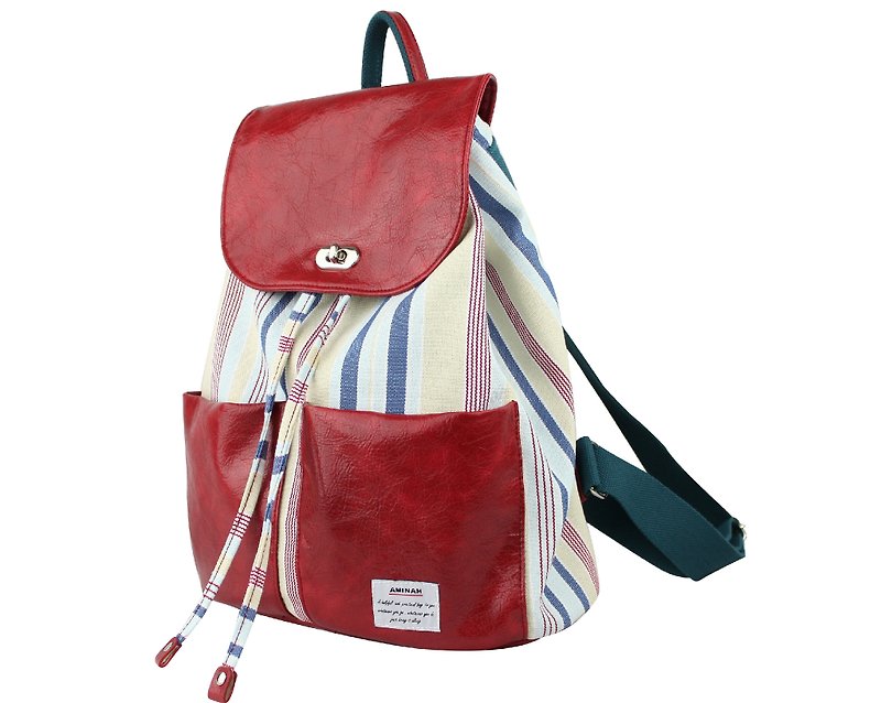 AMINAH-紅色綺想後背包【am-0269】 - 水桶包/束口袋 - 其他人造纖維 紅色
