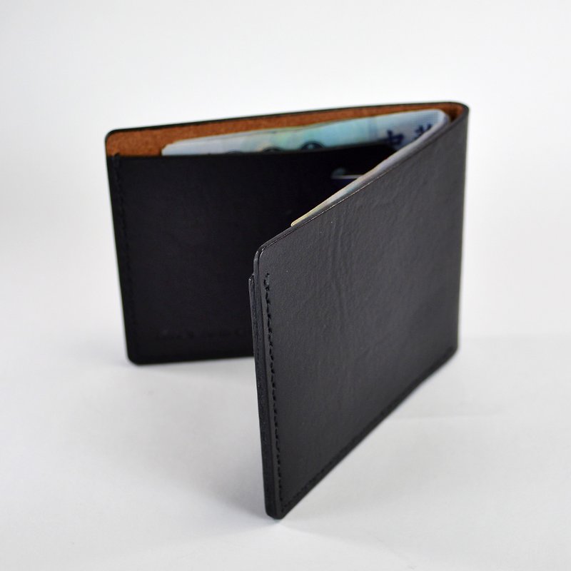 黑色植鞣革手縫簡易短夾 - 長短皮夾/錢包 - 真皮 黑色