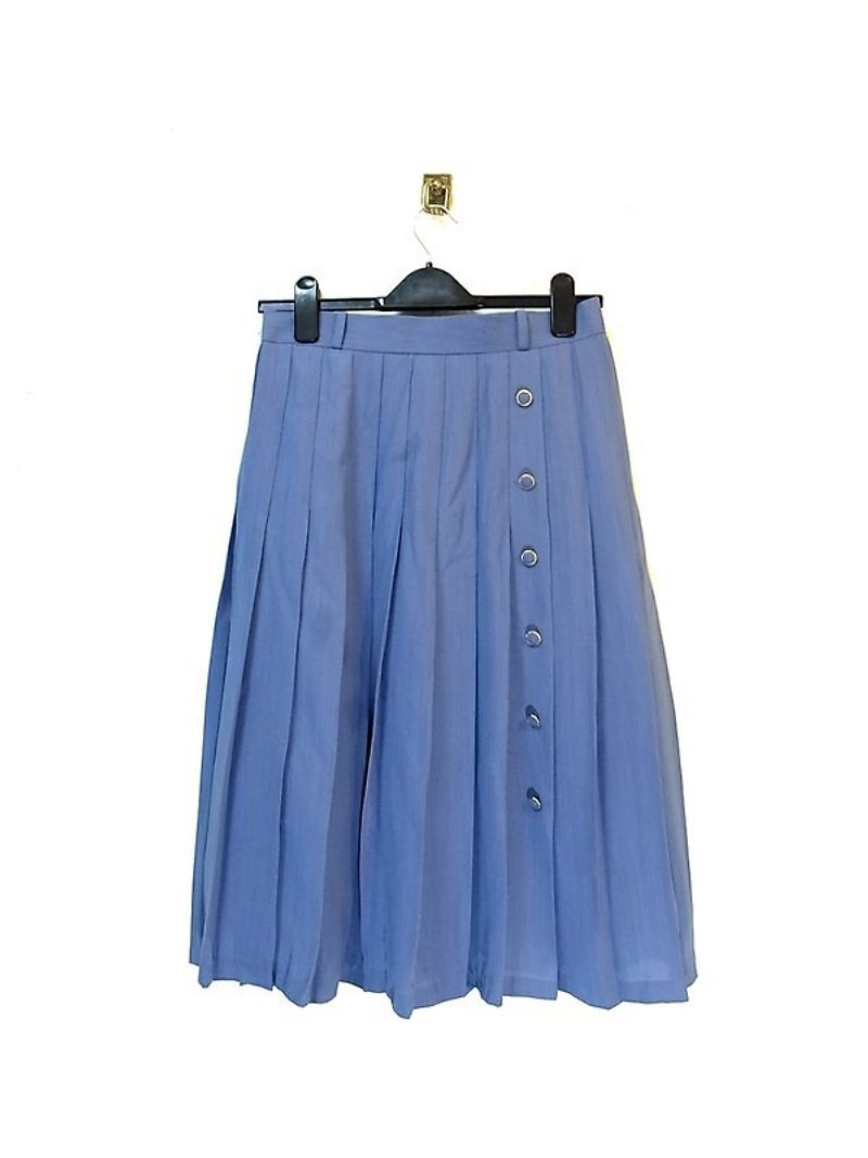 淺藍西裝布料 百褶長裙 PdB古著 - กระโปรง - วัสดุอื่นๆ สีน้ำเงิน
