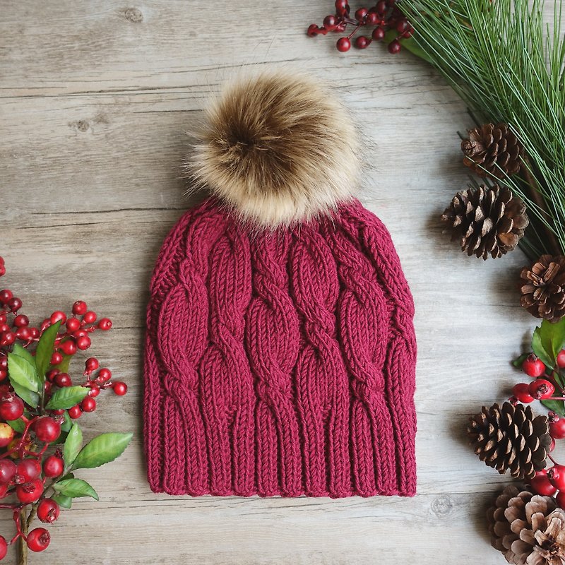 Classic twist woven caps / 100% Merino wool / adult sizes - หมวก - ขนแกะ สีแดง