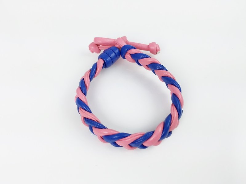 粉藍雙色-仿皮繩編織 - 手鍊/手鐲 - 真皮 粉紅色