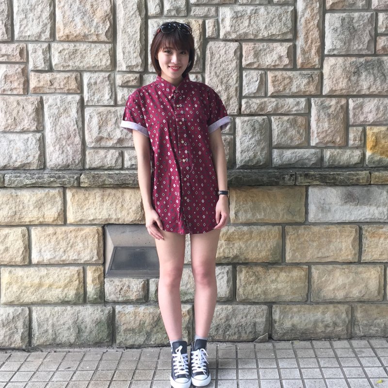 古著襯衫_/ 格菱紅 / 印花 / 短袖 / 襯衫 / 男女皆可 - 男襯衫/休閒襯衫 - 其他材質 紅色