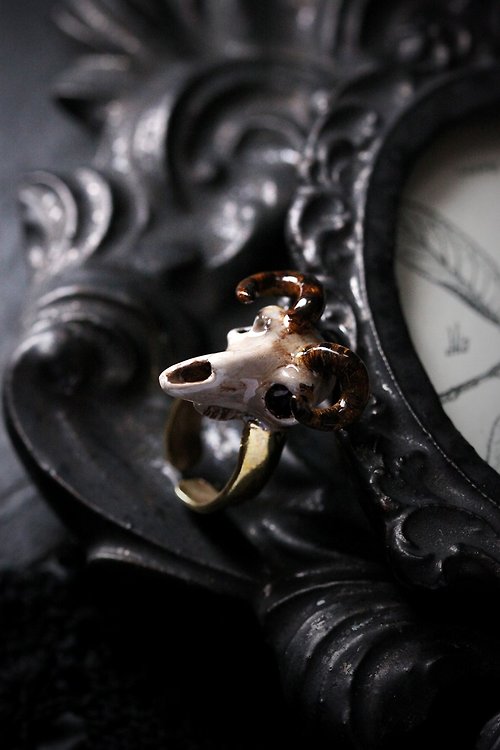 defy Goat Skull Ring - Handcrafted Painted Version by Defy / Statement Ring Jewelry