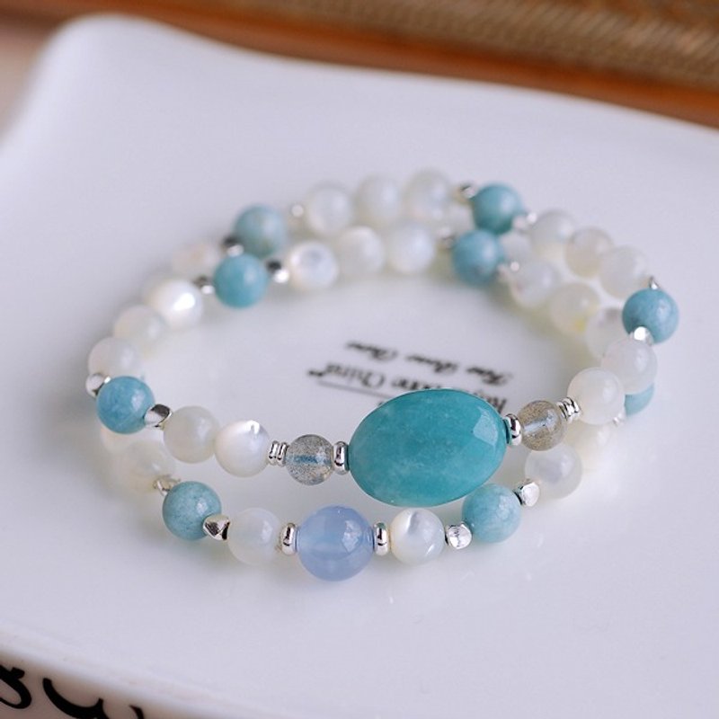 :::*CaWaiiDaisy*:::手創天然石飾品-天河石*珍珠貝*海藍寶*藍玉髓雙圈手鍊 - 手鍊/手環 - 寶石 白色