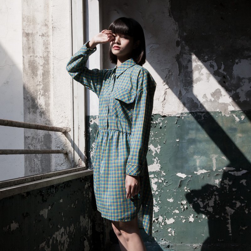 SUMI Retro short in front long thin long little green checkered retro dress _4AF408_ - ชุดเดรส - ผ้าฝ้าย/ผ้าลินิน สีเขียว