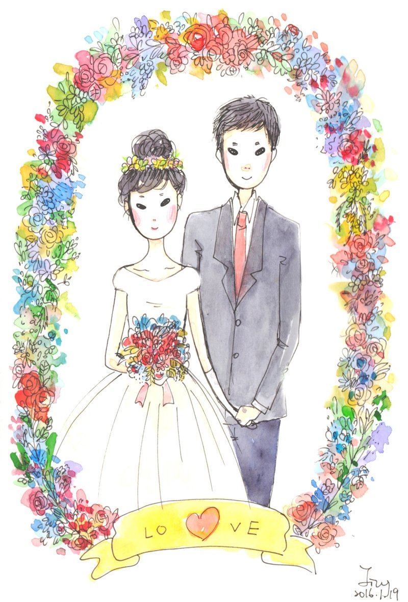 婚禮、情侶手繪插畫❤Custom Portraits▸ 數位圖檔 - 喜帖 - 其他材質 紅色