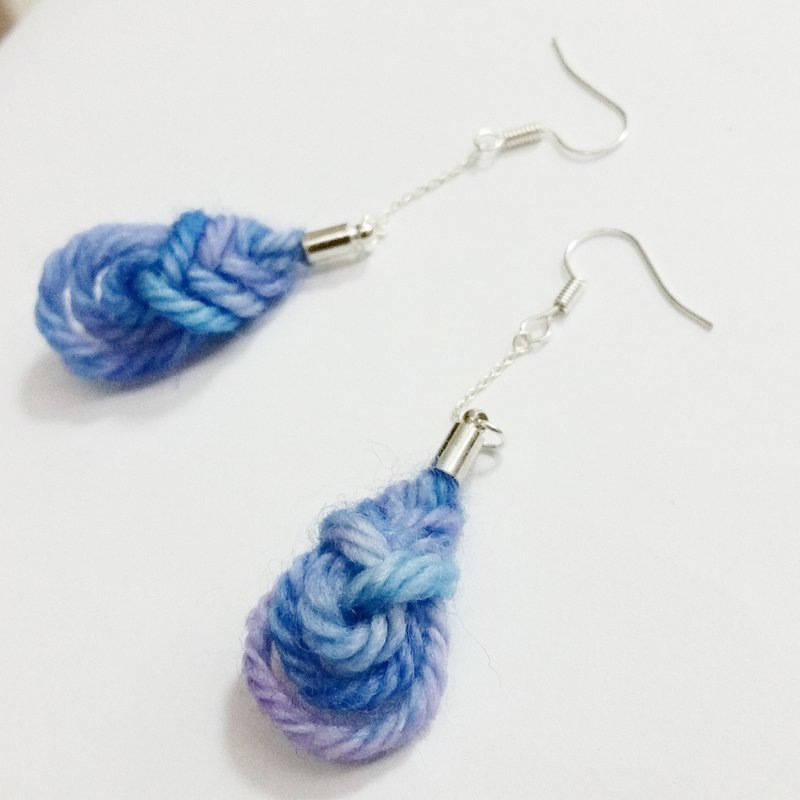 Pastel handmade wool line Chinese knot long earrings (blue / purplish / blue and green) - Earrings & Clip-ons - Other Materials Multicolor