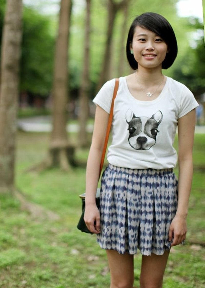 :: GeorgiaTsao :: Bulldog organic cotton T-shirt S / M - เสื้อยืดผู้หญิง - ผ้าฝ้าย/ผ้าลินิน ขาว
