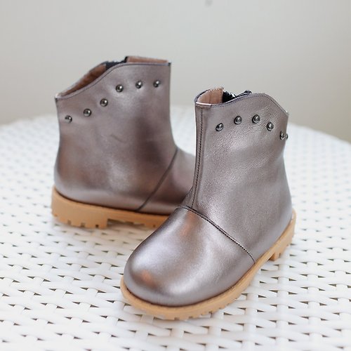 AliyBonnie艾莉寶妮親子鞋 台灣手工製造 金屬感真皮兒童短靴-銀色
