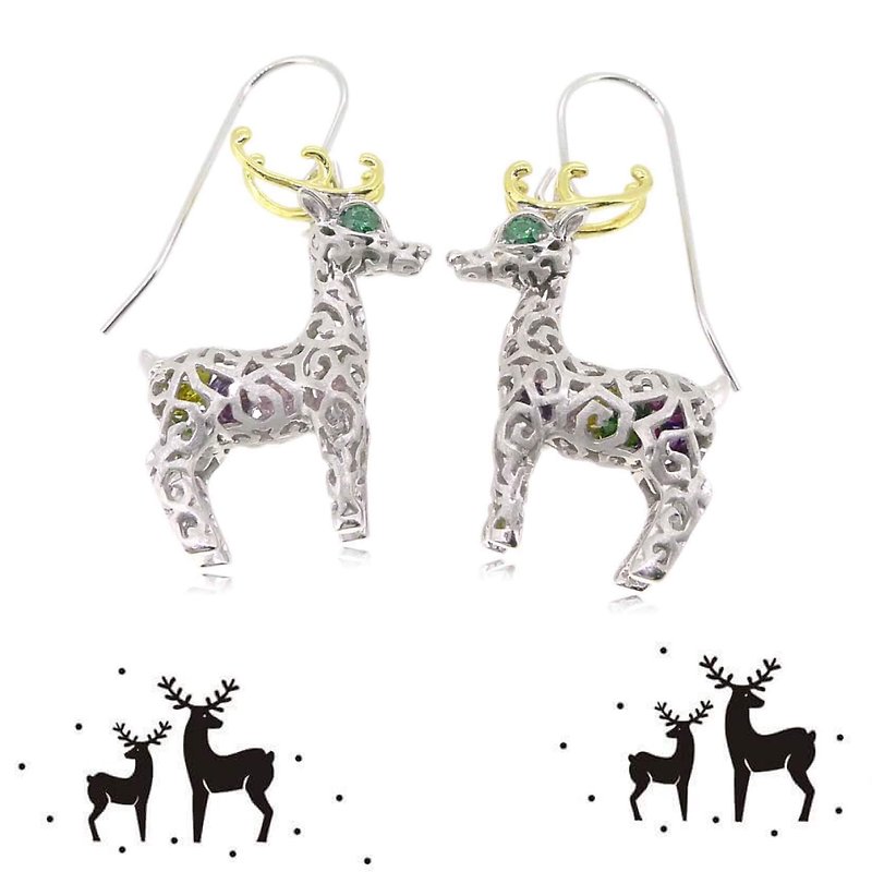 HK054~ 925 Silver Christmas Deer Earrings - Earrings & Clip-ons - Silver Multicolor
