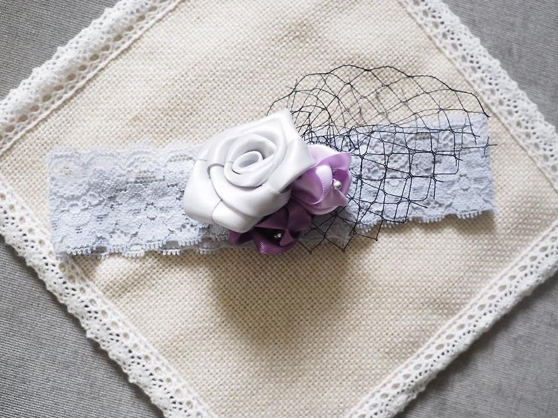 Handmade ribbon rose elastic baby/kid headband - Bibs - Other Materials Gray