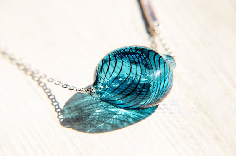 / Simple sense / French stripe mouth blown glass necklace short chain long chain-deep sea - Long Necklaces - Glass Blue