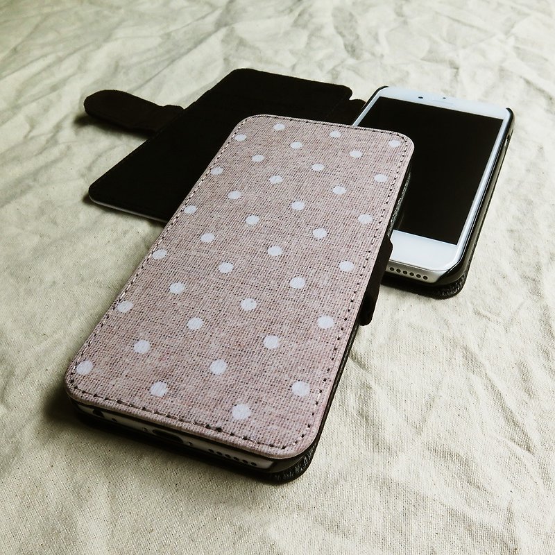 Polka Dots, Linen,  - Designer,iPhone Wallet,Pattern iPhone wallet - เคส/ซองมือถือ - วัสดุอื่นๆ สีนำ้ตาล