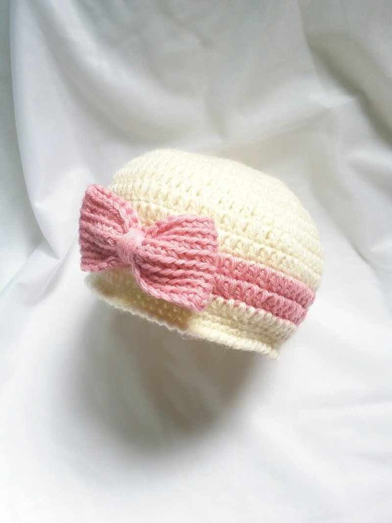 手鉤蝴蝶結嬰幼兒毛線帽 - 圍兜/口水巾 - 其他材質 粉紅色