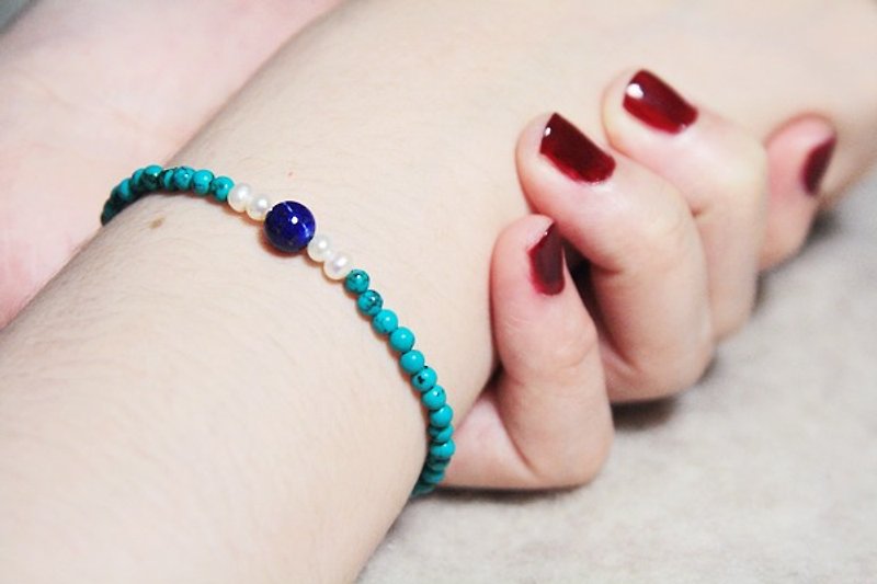 [Ofelia arts & amp; crafts] Natural Stone - Natural turquoise lapis lazuli x x x brass pearl bracelet [J45-Lesley] - สร้อยข้อมือ - เครื่องเพชรพลอย 