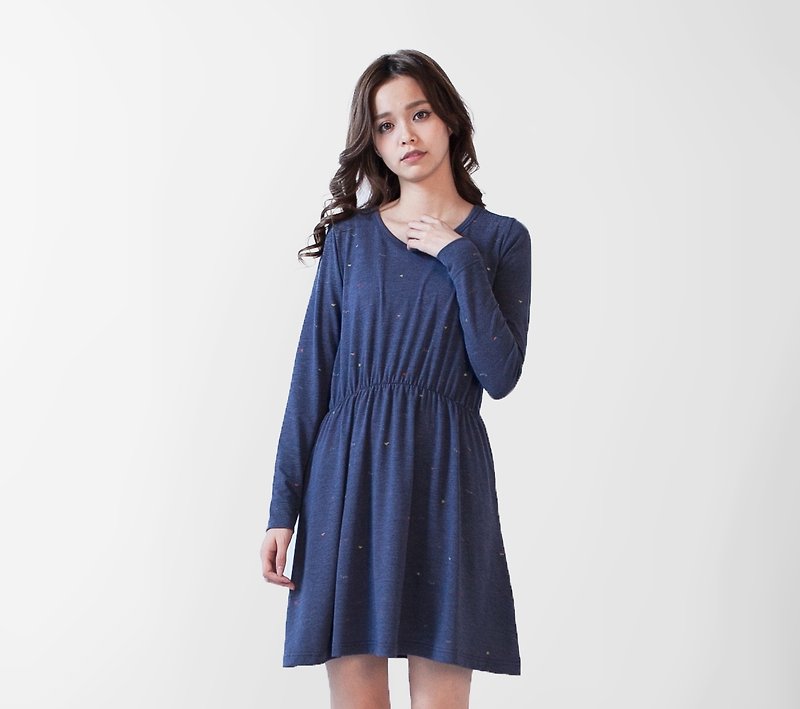 SUMI ● Spring pattern long sleeve dress dark blue ● 3AF150_ - One Piece Dresses - Other Materials Blue