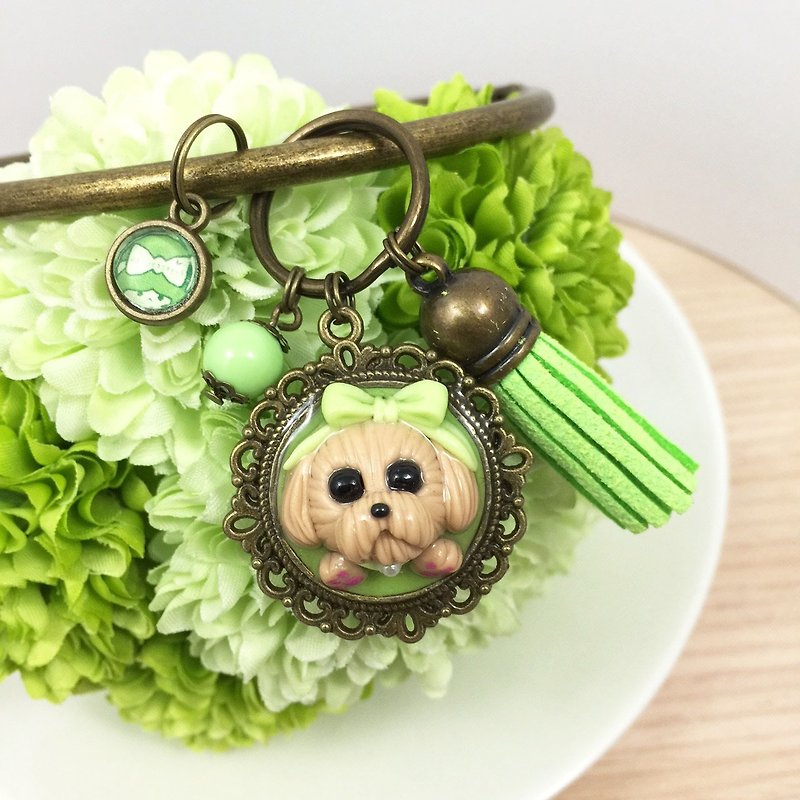 Baby cream bow tie ● VIP dog green large key ring handmade ● ● Limited Made in Taiwan - Keychains - Clay Green