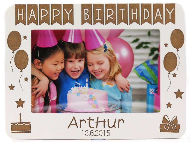 Customized Carved Wood Photo Frame (4R Photo) – Happy Birthday Theme x Personalization - Picture Frames - Wood White