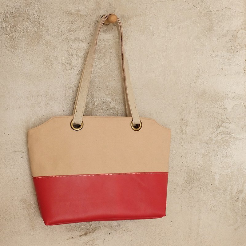 Cherry tea sheepskin + Xiaojian fashion hit color canvas shoulder bag camel bark to - Messenger Bags & Sling Bags - Genuine Leather Red